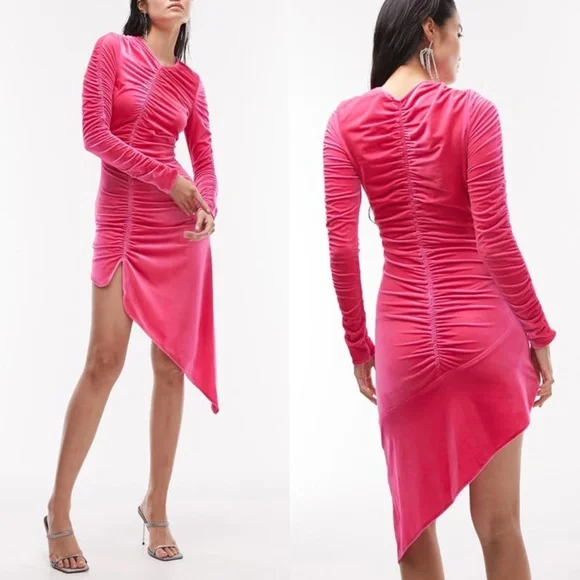 fitted lace wedding dress Hot Pink Long Sleeves Midi Length Black Girl Party Dress with Feather, –  DSProm main image 0